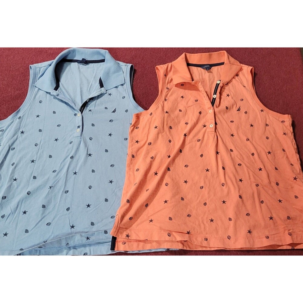 2 NAUTICA Women Stretch Cotton Collared Tank Top Multicolor Sea Shell Size Large